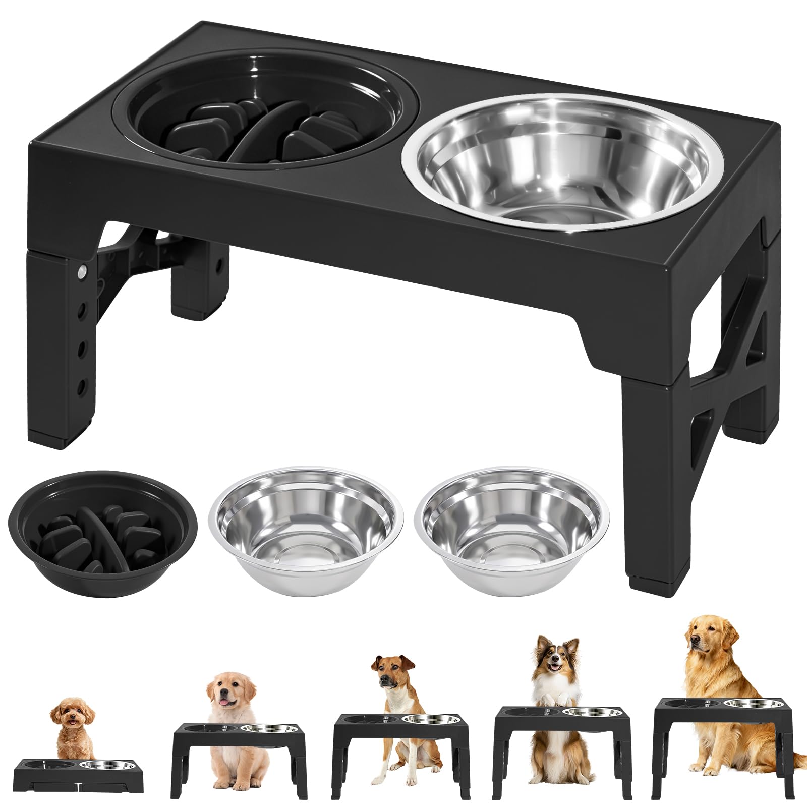 Raised Dog Bowls, Elevated Dog Bowl Stand with 5 Heights Adjustable, Slow Feeder and 2 Stainless Steel Bowls for Small Medium Large Dogs and Pets, Non-Slip Feeding Station, Black