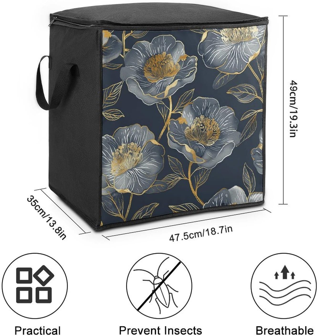 Portable Quilt Storage Bag,Gray And Gold Printed Foldable Wardrobe Storage Box Foldable Storage Bag with Lids And Handle Large Clothing Storage Bag for Comforters Clothes Blankets Pillows