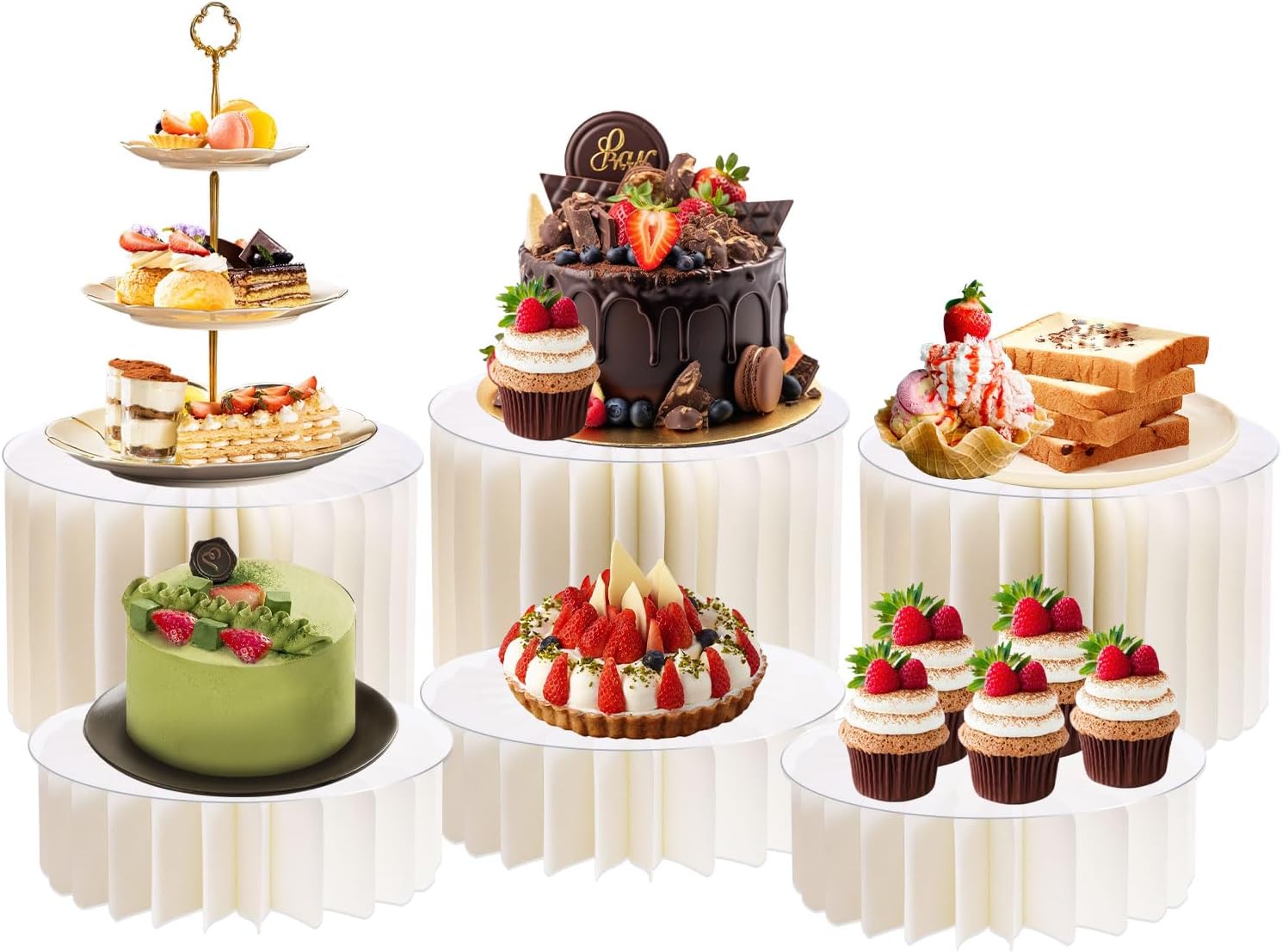 6 Pcs Buffet Risers, Foldable Food Display Risers, Acrylic Disc Dessert Table Display Set, Paper Cupcake Cake Stand for Party, Cylinder Stands for collectibles, Jewelry Figures