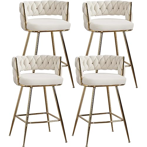 VECELO Bar Stools Set of 4, Counter Height Bar Stools, 26 inch Seat Barstools with Woven Back and Footrest for Kitchen Island Counter, White