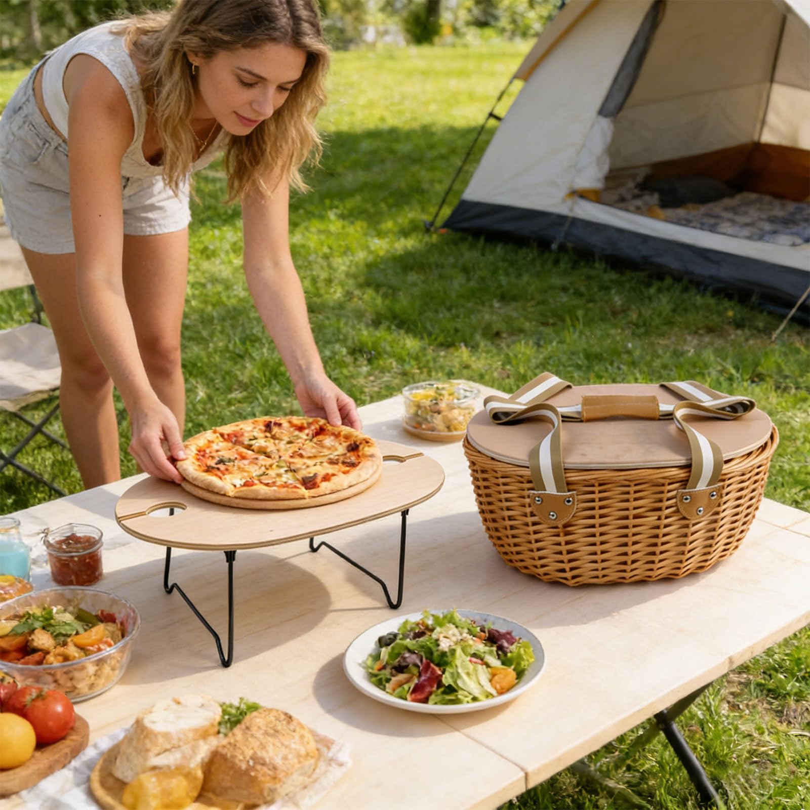 Elegante set da pranzo per 2 persone, con tavolo pieghevole e borsa termica e utensili completi per avventure nella natura, cestino per pasti all'aperto con frigorifero