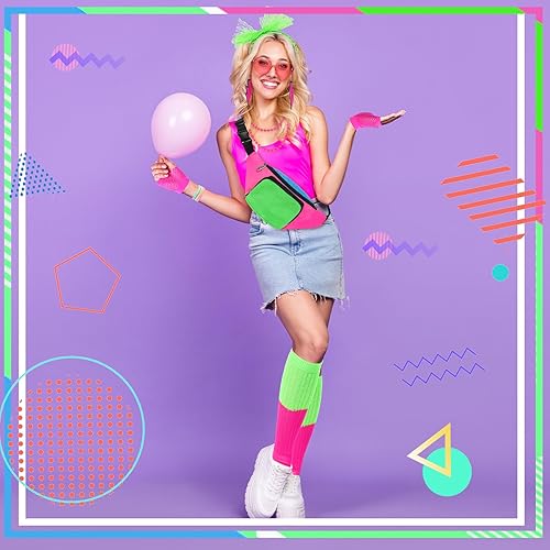 Miniatura 7 de Handepo Juego de 19 accesorios de disfraz de los años 80, diseño retro de los años 80, riñonera de neón de los años 80, banda para el pelo, guantes