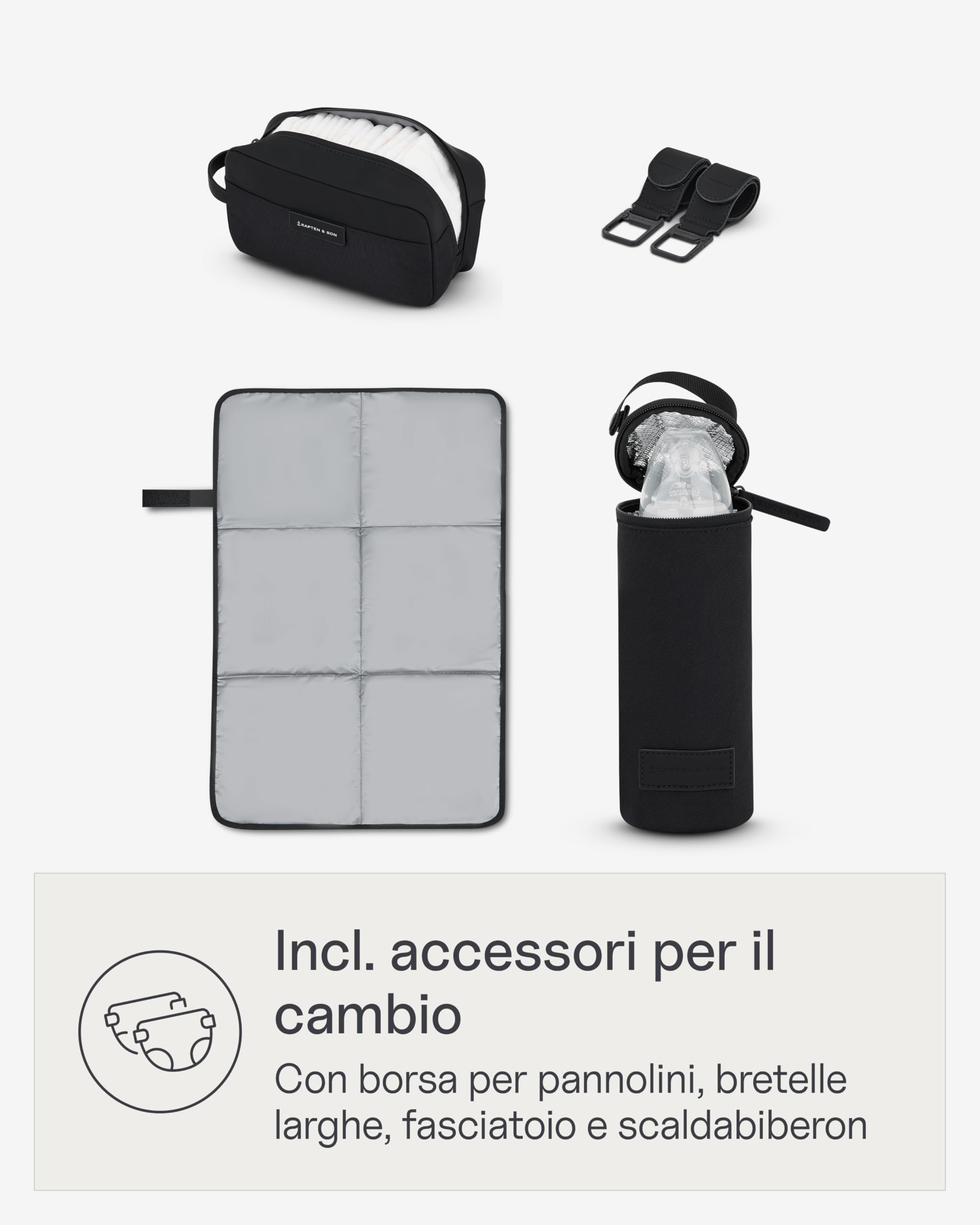 Kapten & Son Shopper Hellvi Diaper Set 25 l, borsa fasciatoio con fissaggio a passeggino e valigia, inclusa borsa da trucco e portabottiglie isolato