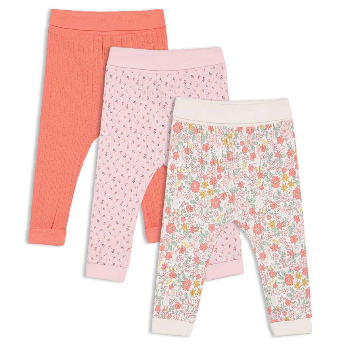 MINI CUDDLES Baby Girls 3pk Floral Printed & Solid Knit Bottoms, Multicolour (9-12M)