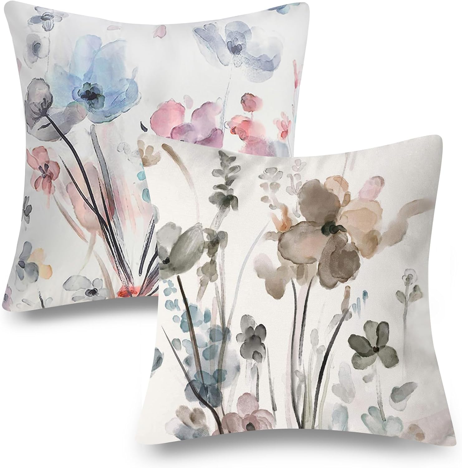 Dixutzi Flower Throw Pillow Covers 18x18, Watercolor Teal Brown Cream Grey Floral Pillow Cushion Cases, Abstract Modern Pillowcases Home Decor for Sofa Couch Living Room Bedroom Car, Set of 2