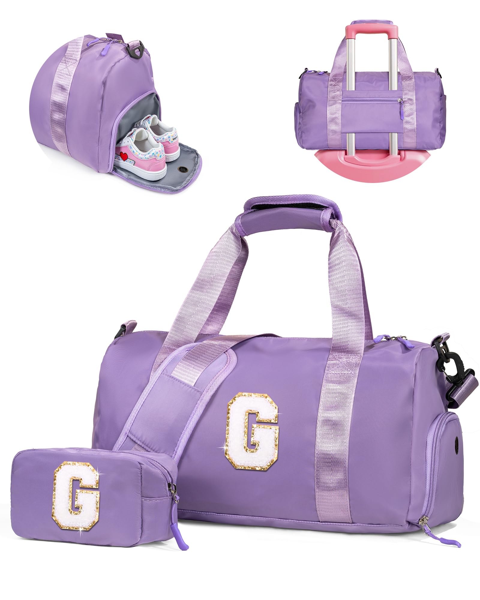 Vogewood Gifts for 4 5 6 7 8 9 10 Year Old Girls-Girl Gym Bag with Shoe Compartment, Kid Personalized Weekender Overnight Bags, Initial Travel Tote