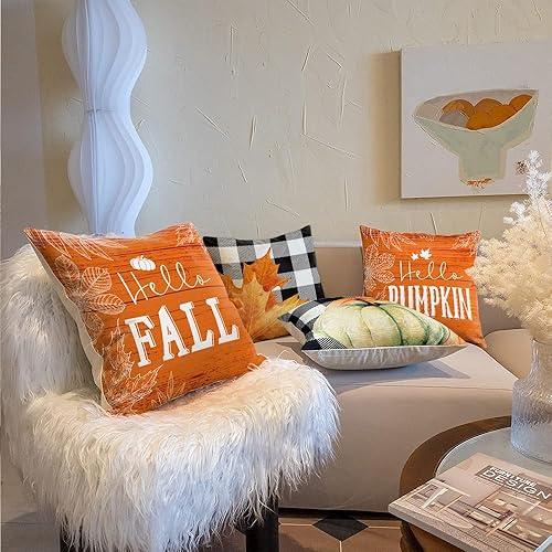 Miniatura 2 de Juego de 4 fundas de almohada decorativas de otoño de 20 x 20 pulgadas, decoración de calabaza, a cuadros, para exteriores, granja, otoño, Acción de