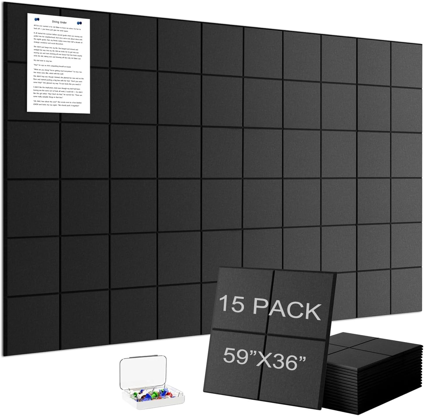 Large Felt Wall Tiles Bulletin Board 59”x36”,Large Cork Board Alternative with 60 Pushpins, 15-Pack Felt Pin Board with 112 Safe Removable Adhesive Tabs for Home Office School (Black)