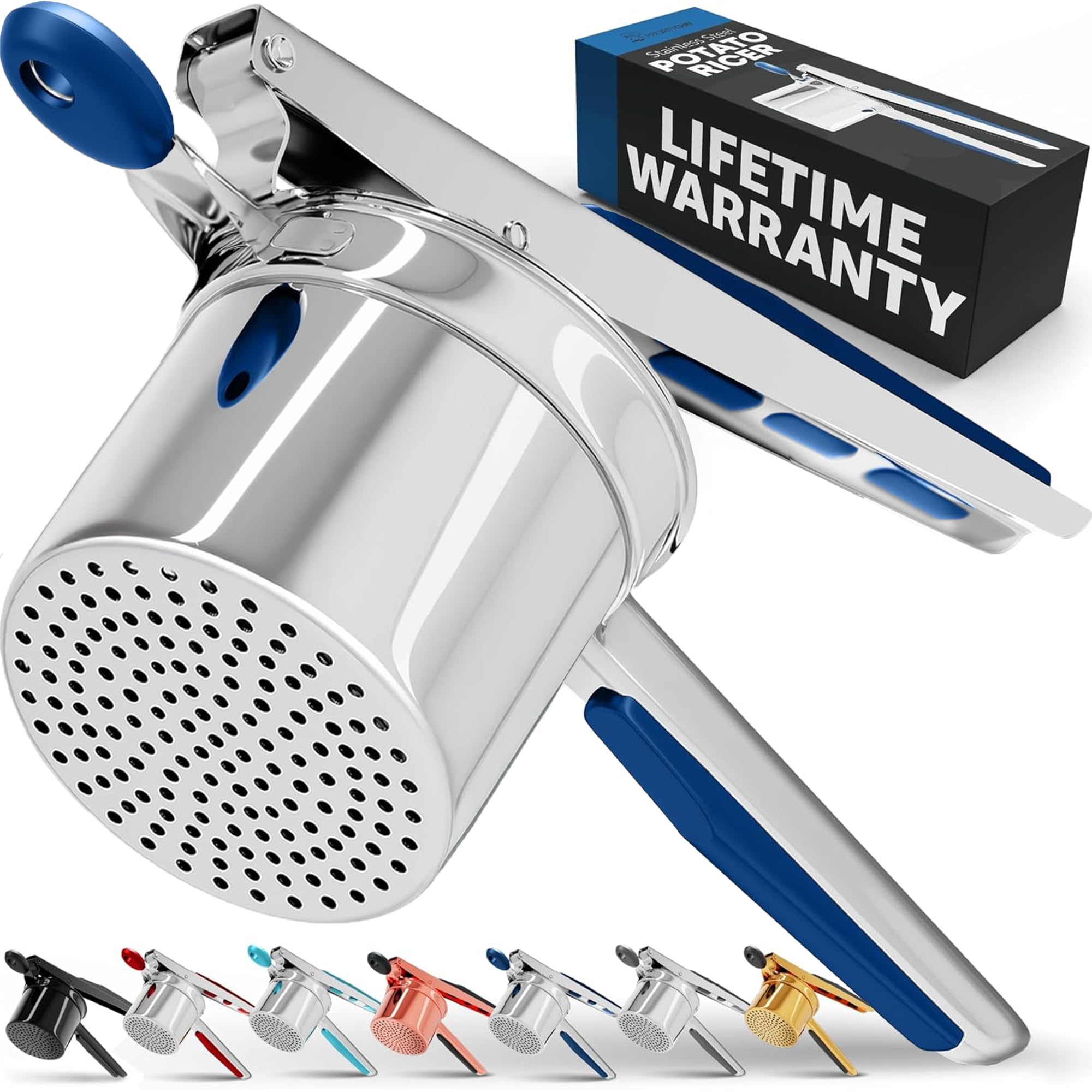 PriorityChef Large 15oz Potato Ricer, Heavy Duty Stainless Steel Potato Masher and Ricer Kitchen Tool, Press and Mash Kitchen Gadget For Perfect Mashed Potatoes - Everytime, Blue