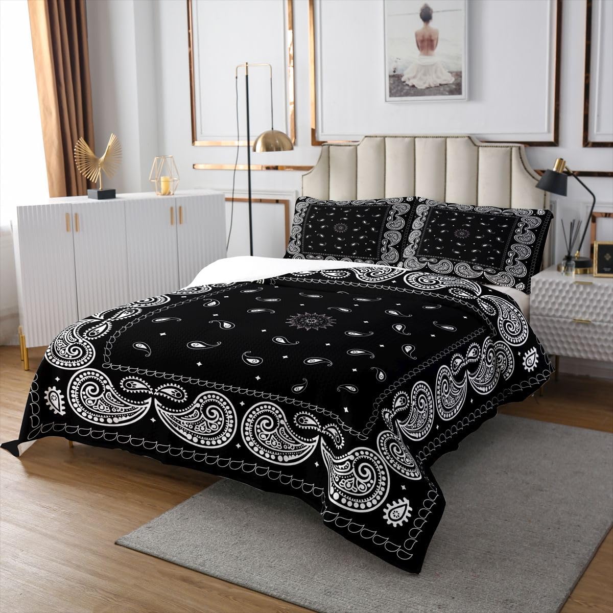 Jacquard Paisley Flowers Kids Bedspread Queen Size,Bohemian Circular Pattern Coverlet Set,Girls Boys Room Decor,Western Hippie Bandana Quilted Coverlet,Black Bedding Quilt,2 Pillowcases