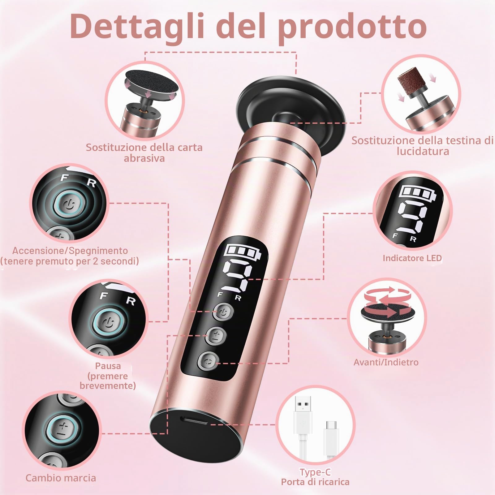 2 in 1 Pedicure Elettrico Professionale Piedi, Rimozione Calli Piedi Elettrico Ricaricabile con Display LCD, 30 Lime Intercambiabili, 9 Velocità di Rimozione dei Calli per Pelle Dura Morta (Oro Rosa)