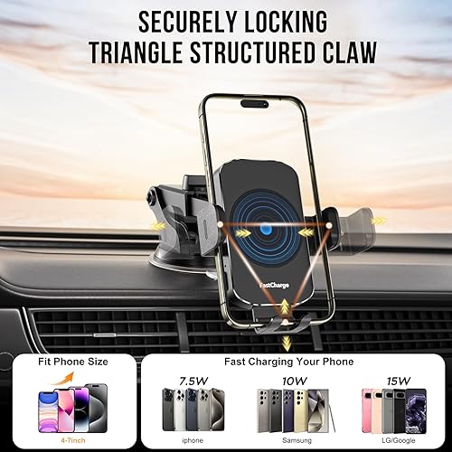 Miniatura 3 de Cargador de coche inalámbrico, carga rápida de 15 W, soporte de teléfono para iPhone 17 16 15 14 13 12 11 Pro Max Xs, Samsung Galaxy S23 Ultra S22