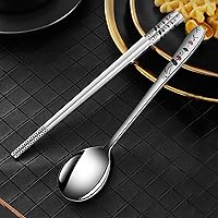 Vista 6 de Juego de cucharas y palillos coreanos de mango largo, acero inoxidable 18/8, multicolor grabado láser, palillos y cuchara, juego de palillos