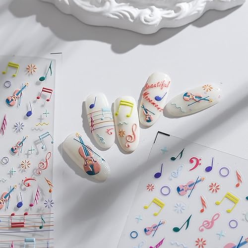 Miniatura 6 de Calcomanías de uñas autoadhesivas 3D, notas musicales, suministros de arte de uñas para diseño de uñas con patrones de instrumentos musicales,