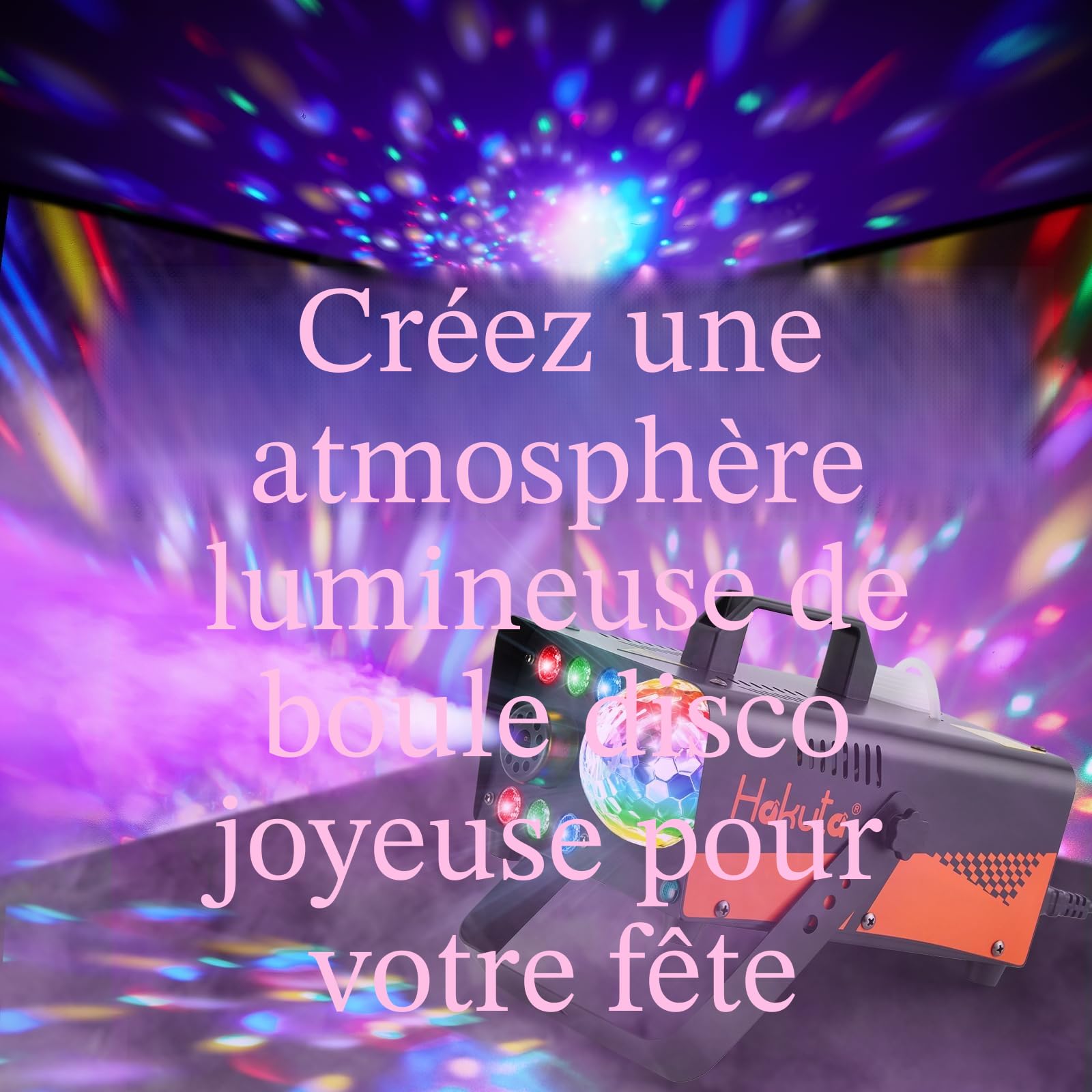 HAKUTA Machine à fumée avec boule disco lumineuse et lumières LED RGB, machine à fumée 2300 CFM Spray avec fonction Auto-Spray, idéal pour Halloween, Noël, mariages