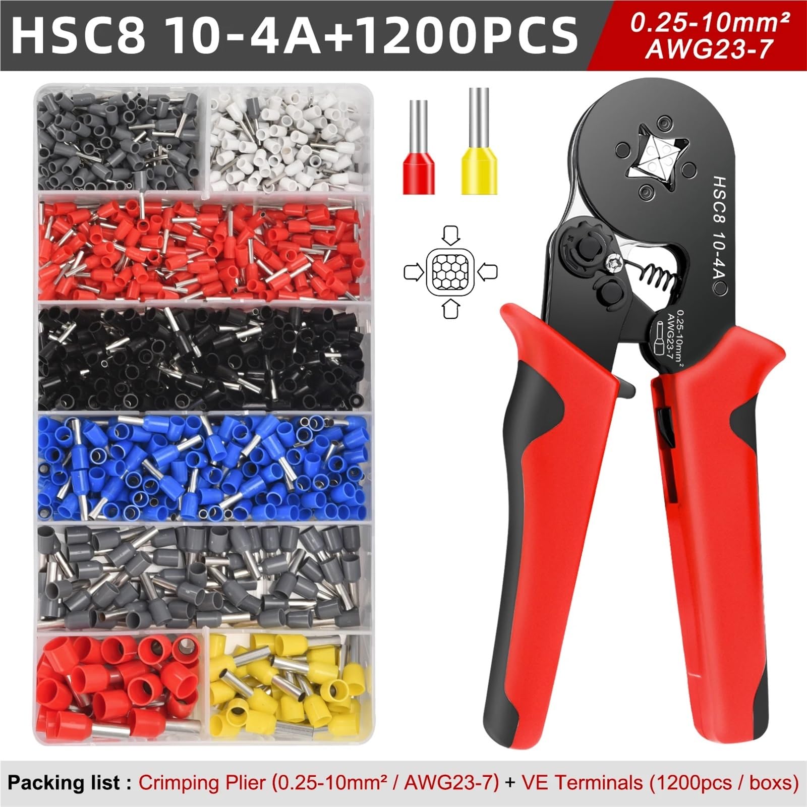 Narzędzia do zaciskania zacisków z tuleją, mini szczypce elektryczne HSC8 10-4 (0,25-10 mm²/AWG 23-7), zacisk do naprawy połączeń kablowych (HSC8 10-4A 1200 PCS)