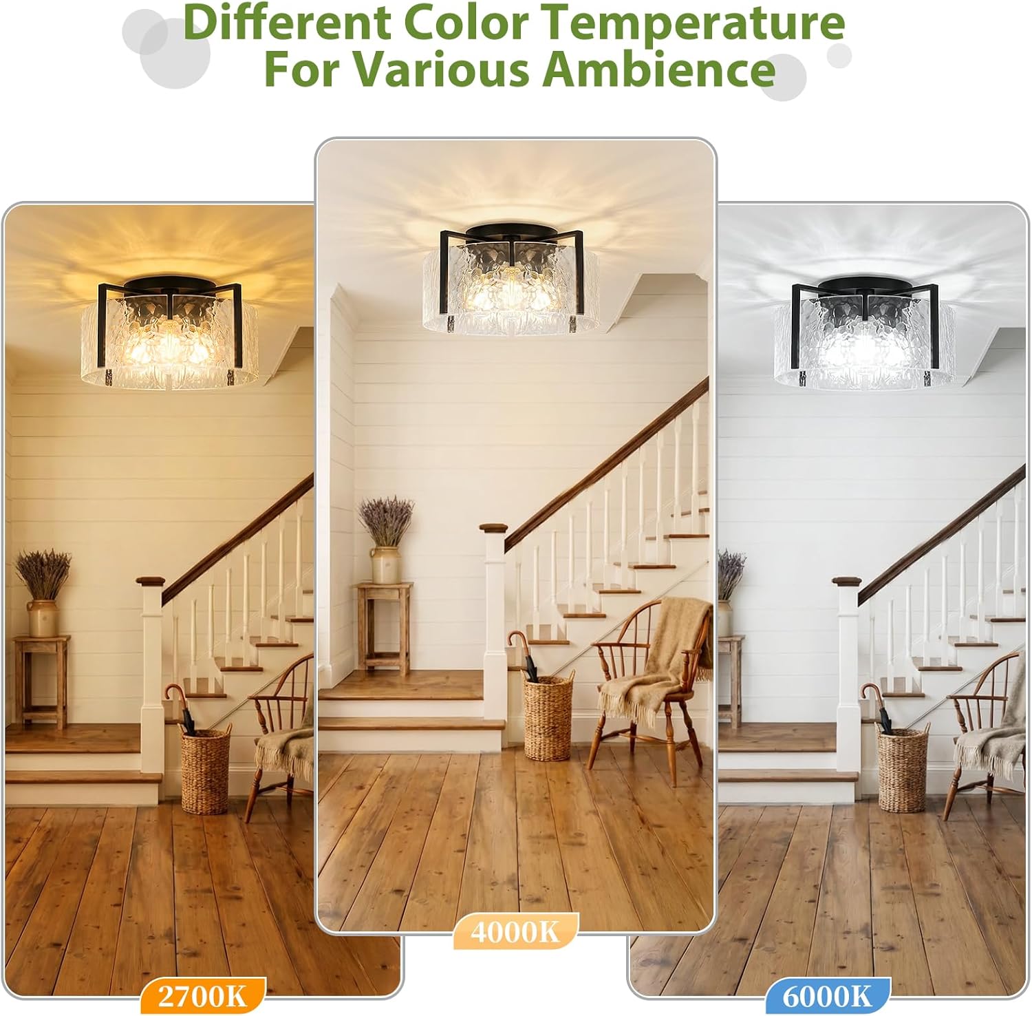 16" Black Semi-Flush Mount Ceiling Light, 4-Light Modern Hammered Glass Drum Fixture, Dimmable E26 Socket, Indoor Lighting for Bedroom Hallway Entryway Kitchen Foyer Living Room Laundry Decor