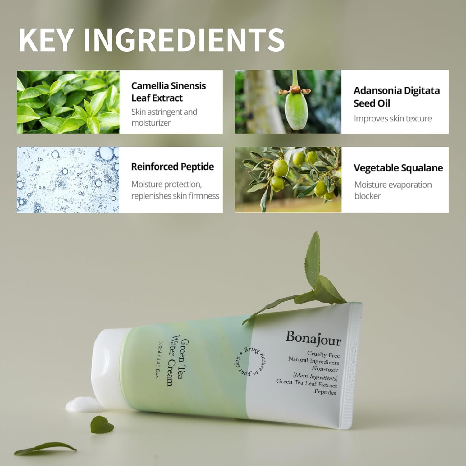 BONAJOUR] Green Tea Water Cream Vegan Moisturizing Facial Gel Cream for sensitive skin - Daily hydrating Water Bomb Moisturizer 3.38 Fl. oz - - Image 4