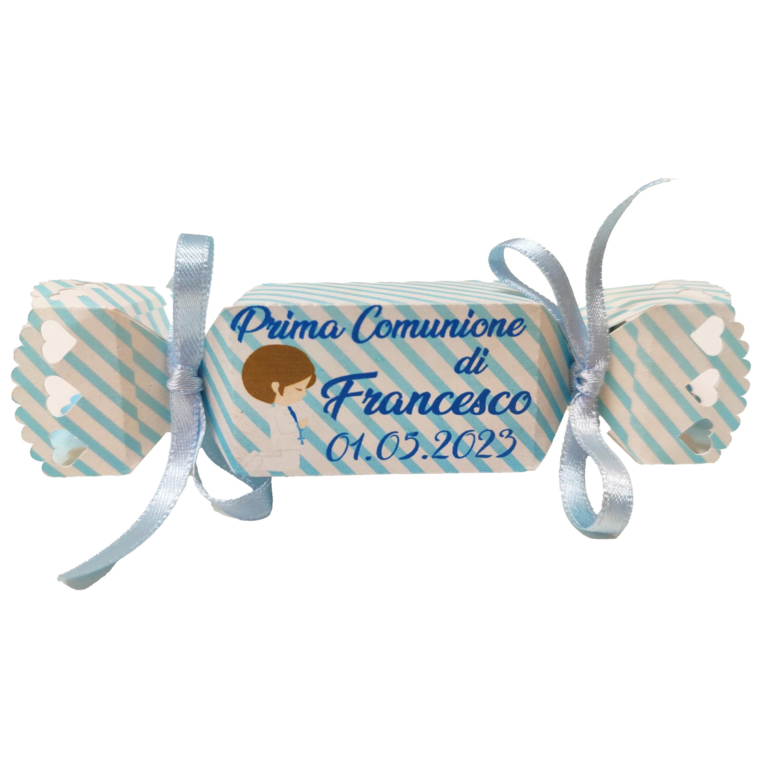 40 PEZZI Scatolina Sacchetto Bomboniera Segnaposto a forma di Caramella bianca e strisce azzurre PERSONALIZZABILE Nascita Battesimo Comunione Bimbo COMPLETO, contiene 5 confetti