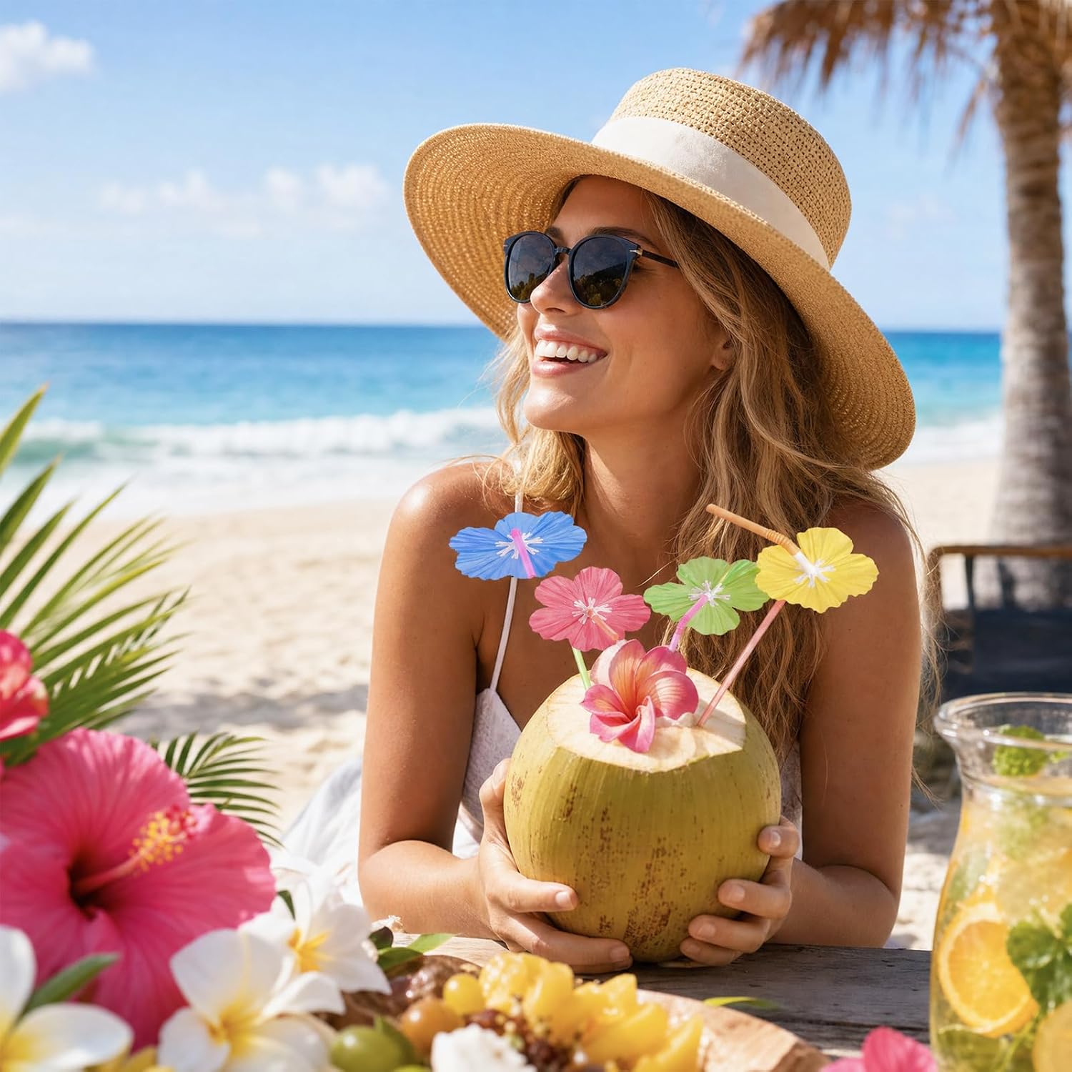 50 PCS Umbrella Drink Straws, Tropical Parasol Straws - Colorful for Tiki Hawaiian Party Cocktails Summer Beverages
