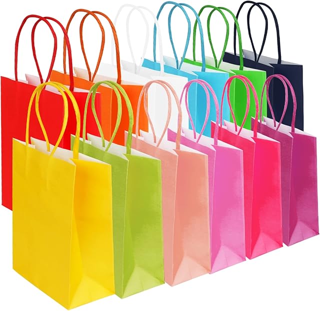 36Pcs Paper Party Bags 12 Colors Candy Gift Bags with Handles, Colored Paper Bags for Kids Party, Birthday, Wedding, Halloween, Christmas, Thanksgiving, Celebrations