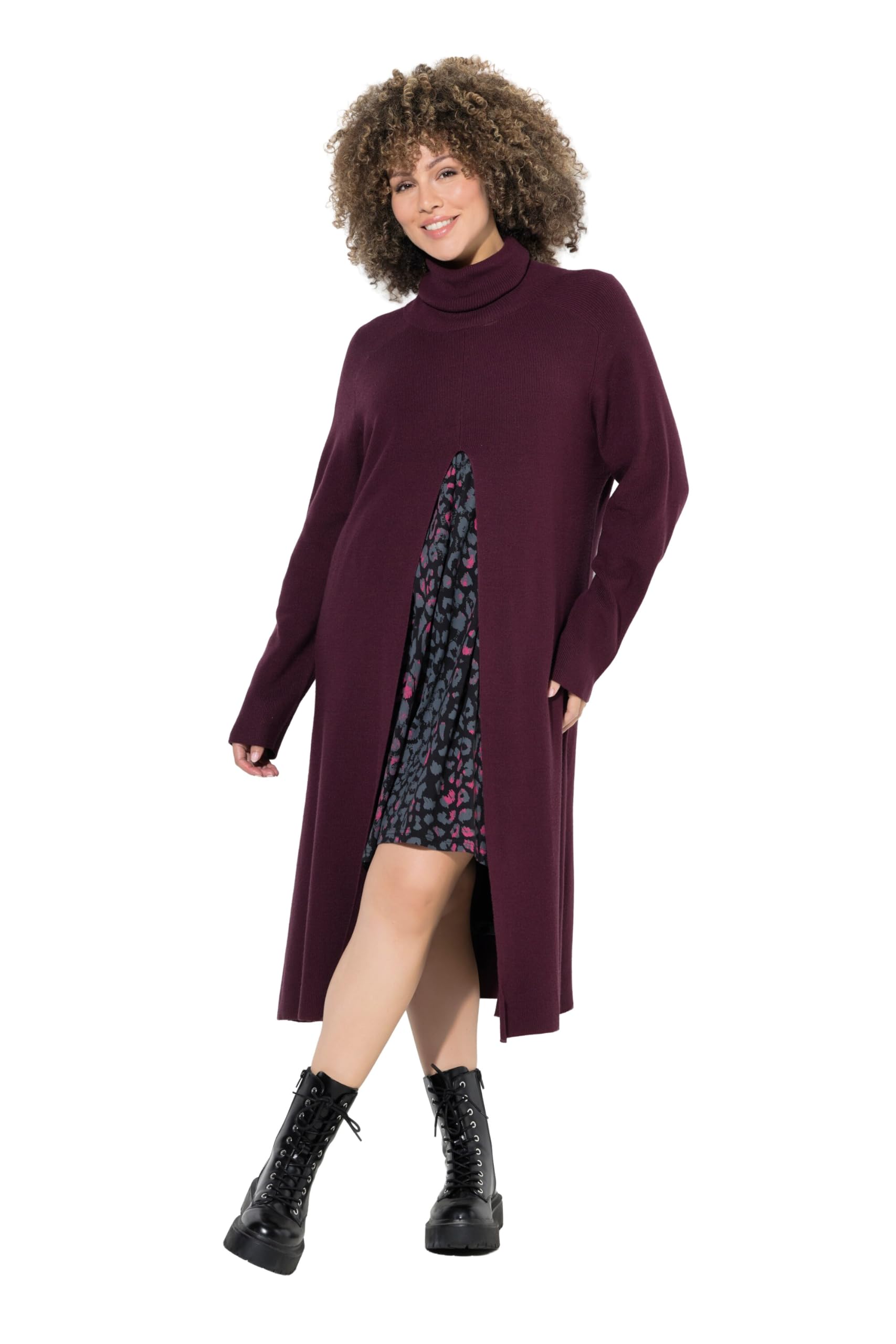 Ulla Popken Damen große Größen Übergrößen Plus Size Long-Pullover, A-Linie, Stehkragen, Langarm 821607