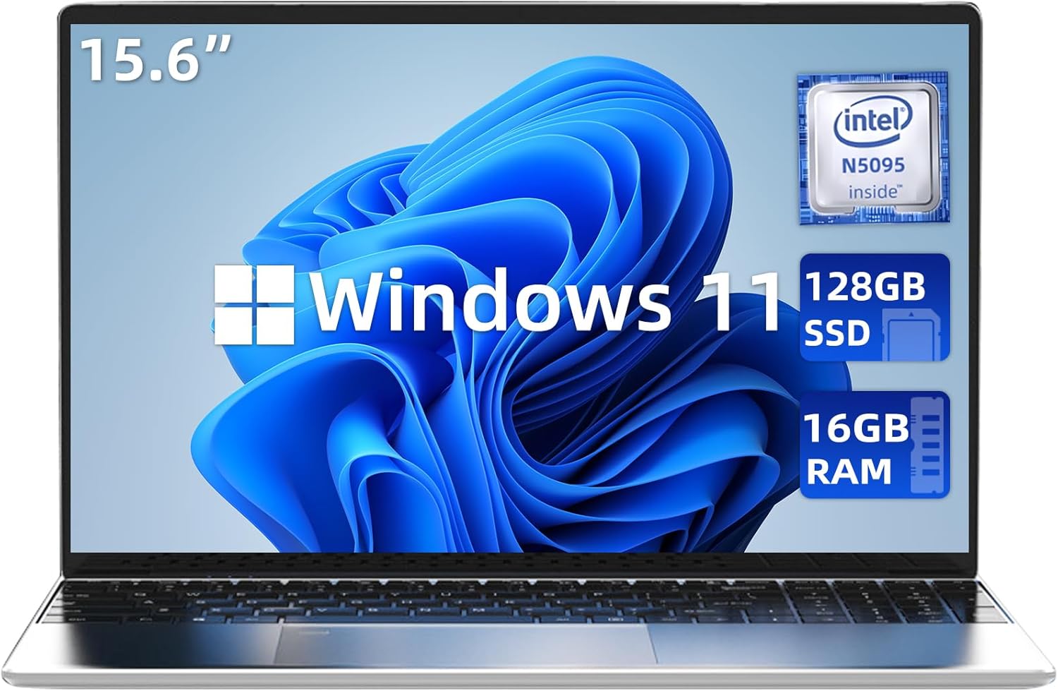 aichiw 15.6 Inch Laptop – Windows 11, 16GB RAM, 128GB SSD, Celeron Quad-Core up to 2.9GHz, PC Notebook with Dual Band WiFi, Fingerprint Reader, Backlit Keyboard – Silver