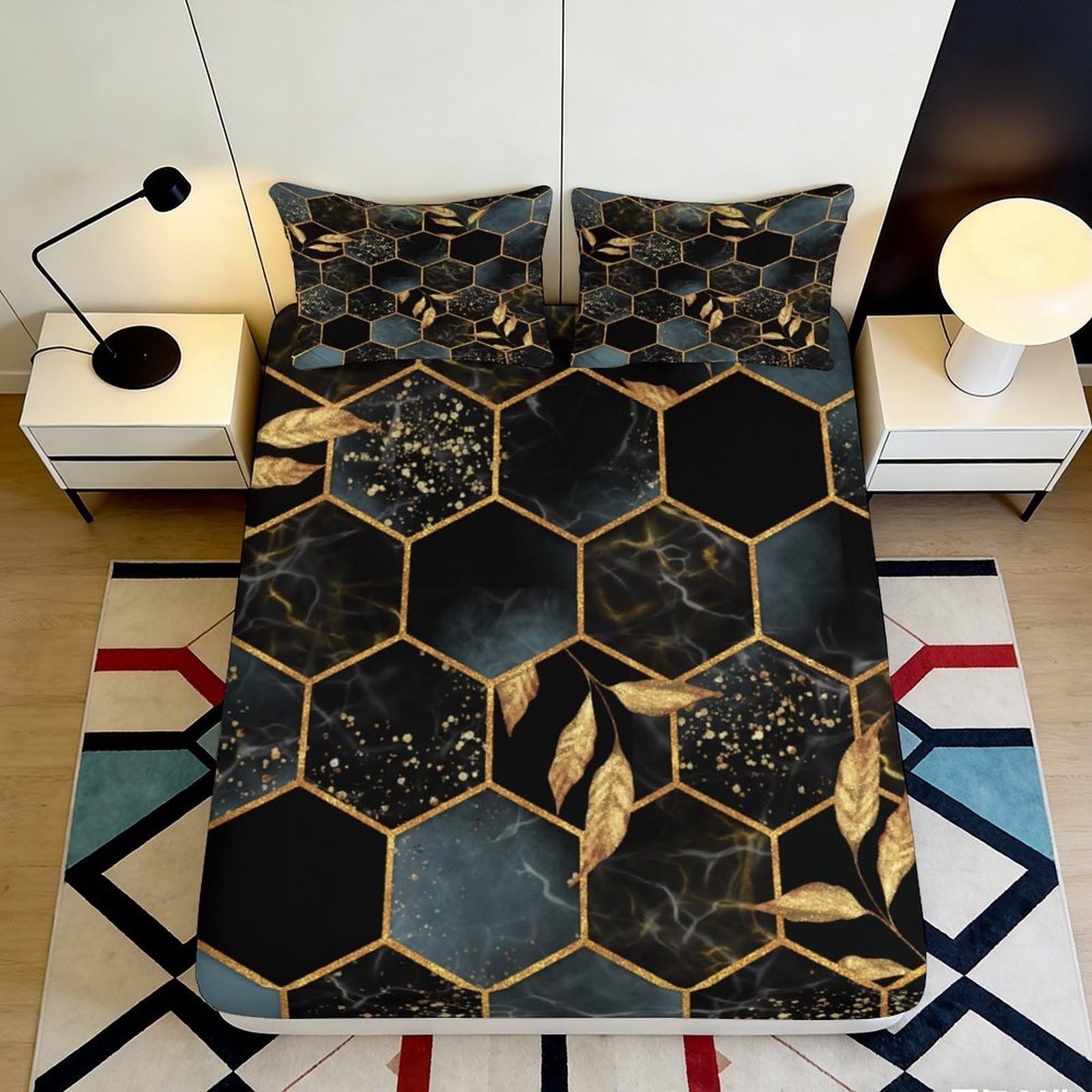 3D Printed Hexagon Marble Fitted Sheet Microfiber Gold Leaf Bed Cover for Bedroom Guest Room Mattress Protection Decor 90x200x25cm