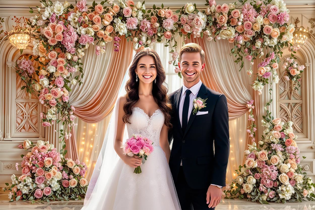 10X8ft Romantic Floral Wedding Backdrop Pink Flower Curtain Photography Background Anniversary Ceremony Bridal Shower Engagement Party Decor Photo Booth Props Wall Banner