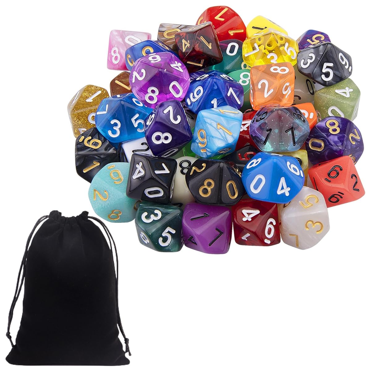 42 Dés Polyédriques 10 Faces Multicolores Pour DND RPG - Avec Pochette Noire