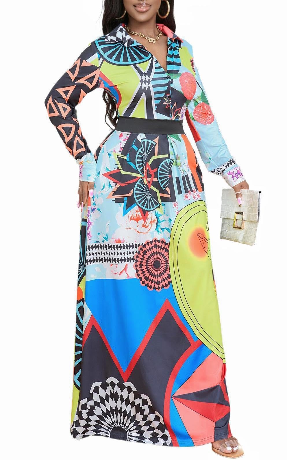 LaiyiVicMaxi Dress for Women Casual Long Sleeve Button Down Floor Length V-Neck Long Dress with Belt