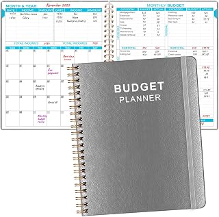 Budget Planner - 8" x 9.5" Monthly Budget Book with Expense Tracker Notebook, 2026 Budgeting Book and Financial Planner to Control Your Money. Large Size, PU Leather, Grey