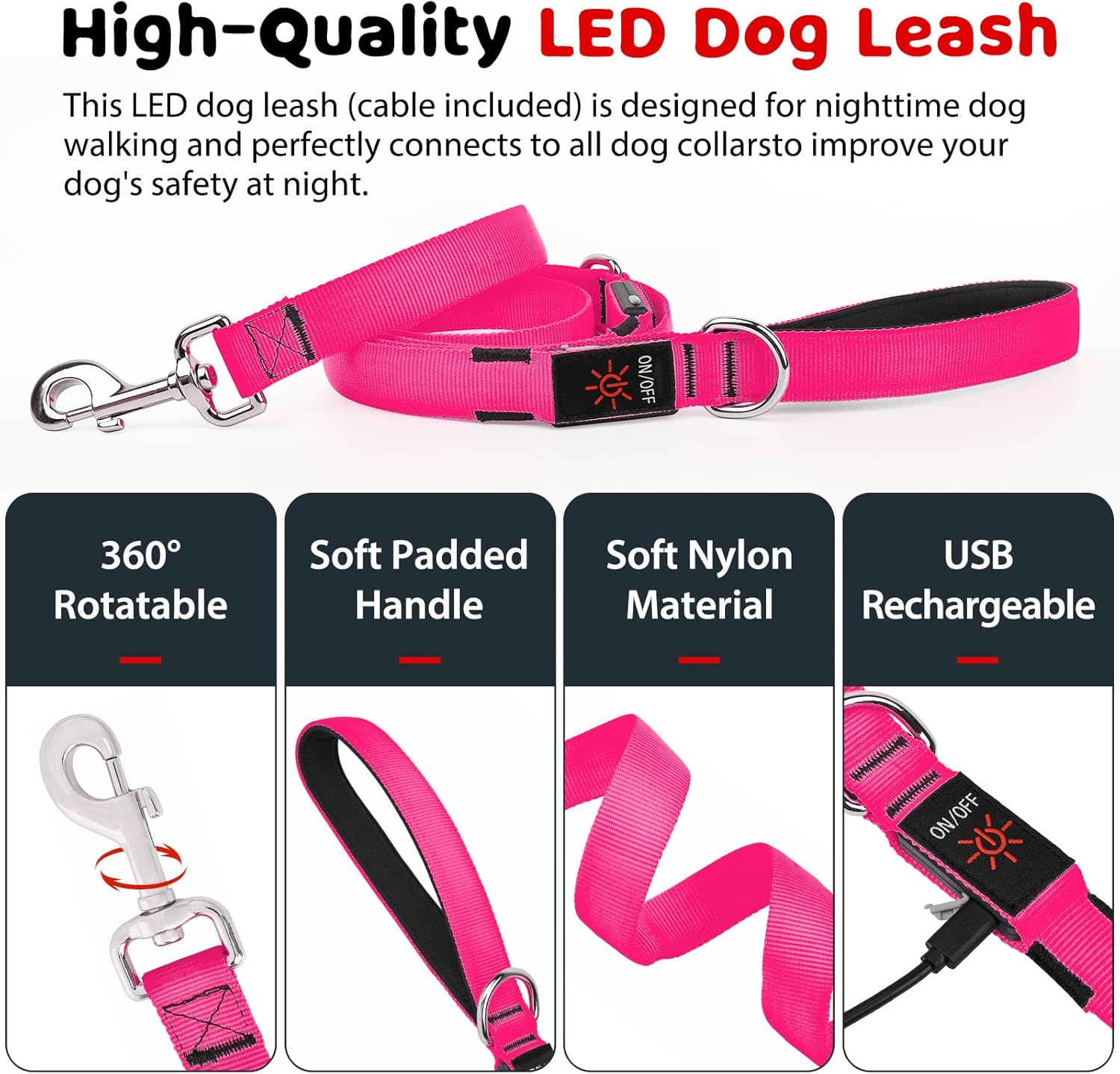 LED Dog Leash Light Up 6 Feet Micro USB Rechargeable Nylon Webbing Glow Safety Standard for Dogs by Bpawser (Pink)