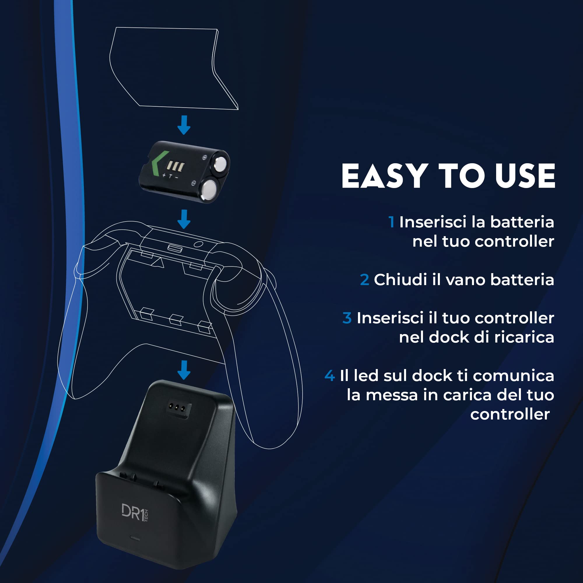 DR1TECH PowerSetX Stazione di Ricarica Rapida per Controller XBOX One X/S, Series X/S + Batteria 1200 mAh - Accessori per XBOX (Controller NON Incluso) [Amazon Exclusive]