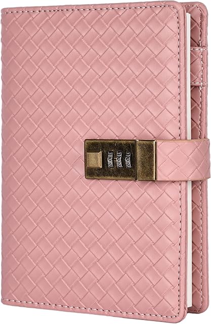 TIEFOSSI B6 Leather Journal Notebook with Combination Lock, Travel Refillable Ruled Lined Writing Paper, Secret Password Gift Diary for Women Girls Boys (Pink)