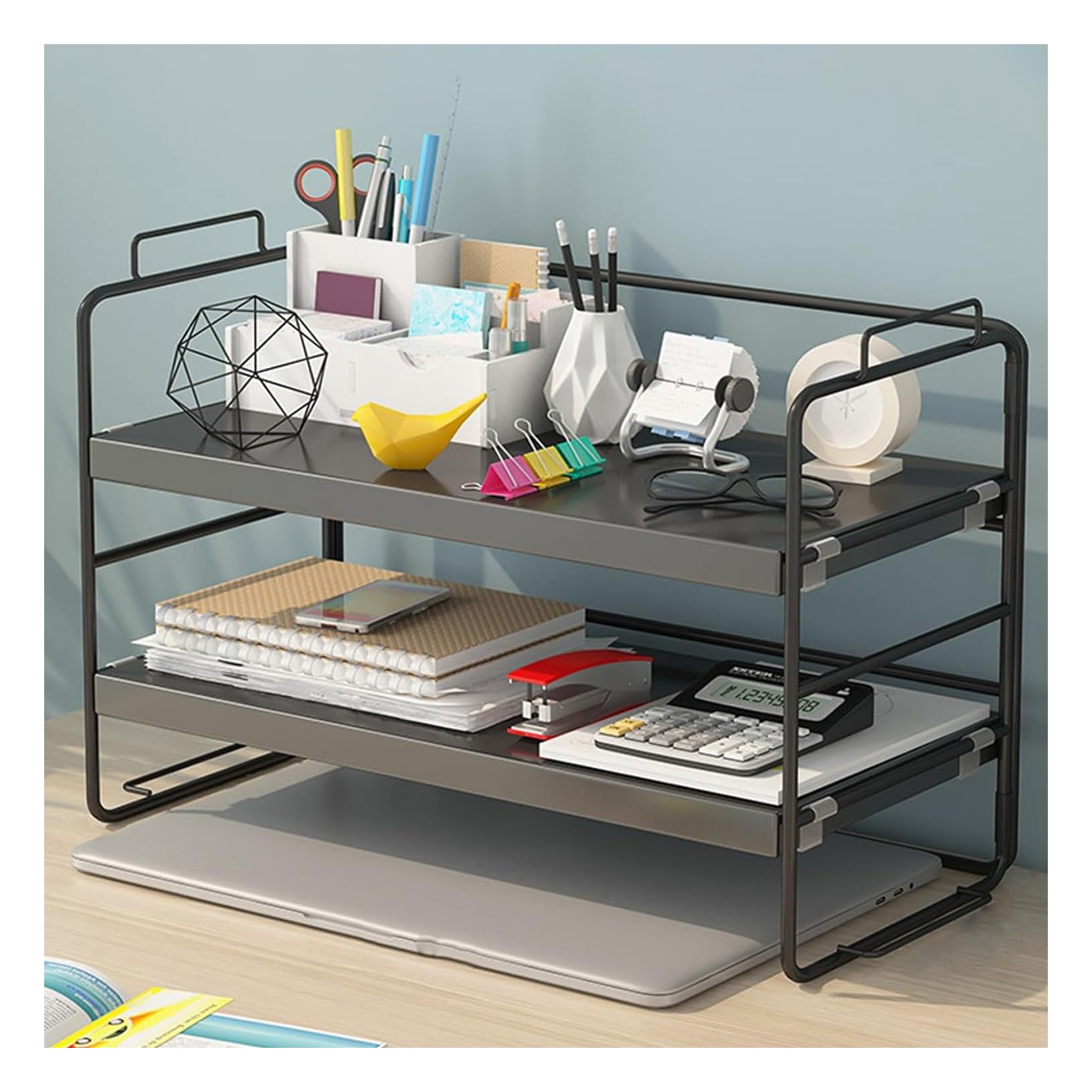 Pecbase Wood Office Desk Shelf Organizer - 2 Tier Space-Saving Desktop Supplies Storage Solution for Workspace Office Home,Black Shelf + Black Wooden,(109-01)