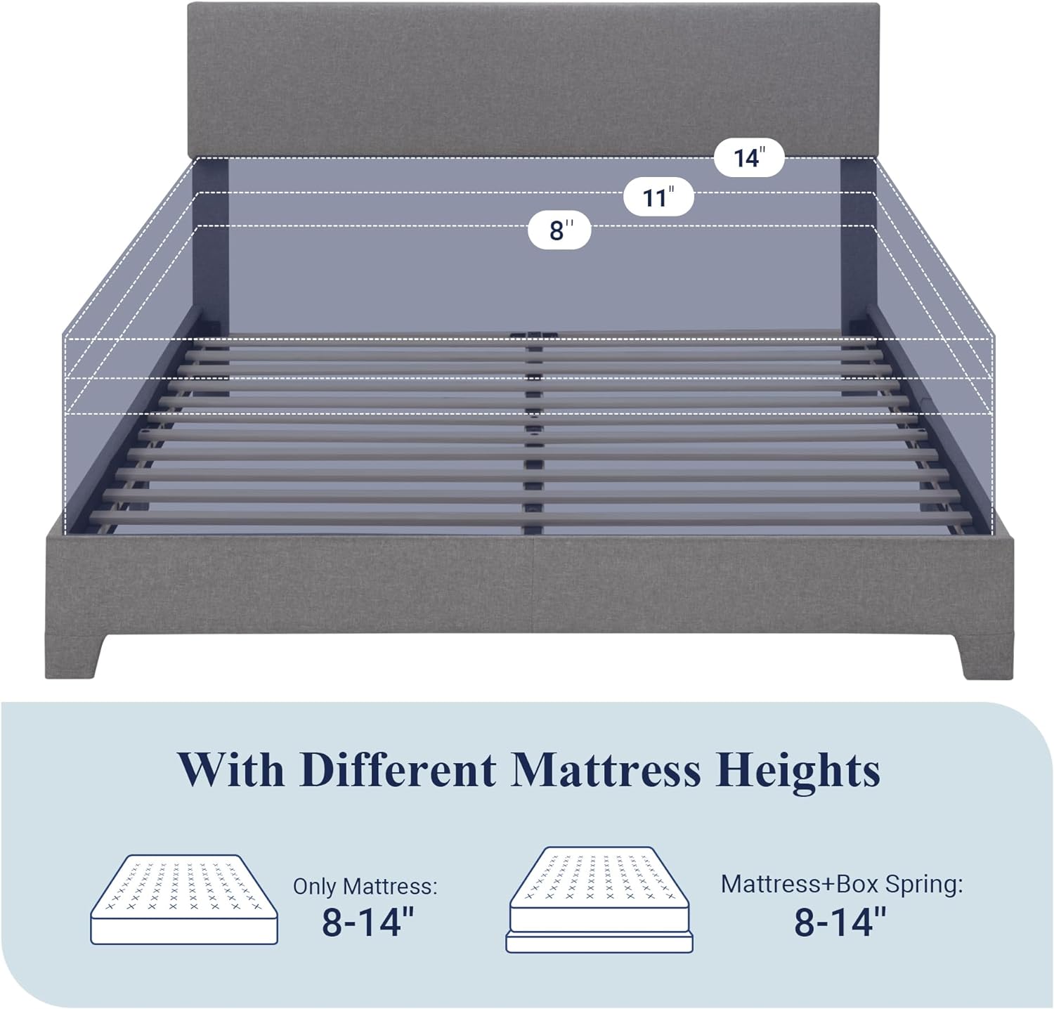 Allewie Queen Bed Frame with Upholstered Adjustable Headboard, Platform Bed with Wood Slats, Heavy Duty Mattress Foundation, No Box Spring Needed, Easy Assembly, Light Grey - Image 7