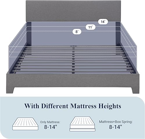 Miniatura 7 de Allewie Base de cama de tamaño matrimonial con cabecera ajustable, plataforma tapizada con listones de madera, base de colchón resistente, no