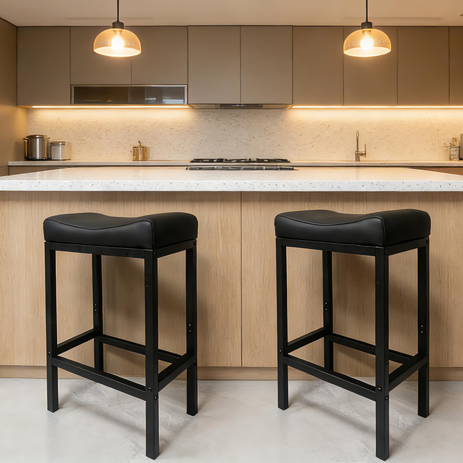 Photo 1 of ZYFFHYLAI Bar Stools Set of 2, 24 Inch Backless Counter Height Bar Stools with Soft Faux Leather Seat, 300 LB Heavy Duty Padded Saddle Barstool Chairs for Modern Kitchen Island Counter (Black)