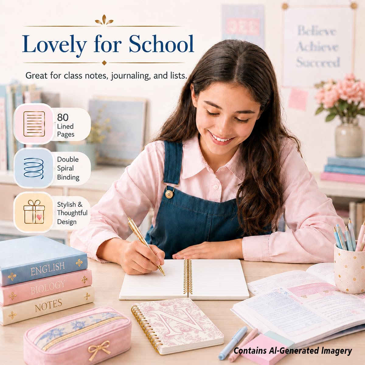 Taccuino con iniziale rosa ricamato N, diario per insegnanti, quaderno estetico, monogramma personalizzato regalo di cancelleria per donne, materiale scolastico preppy per ragazze, 14 x 20