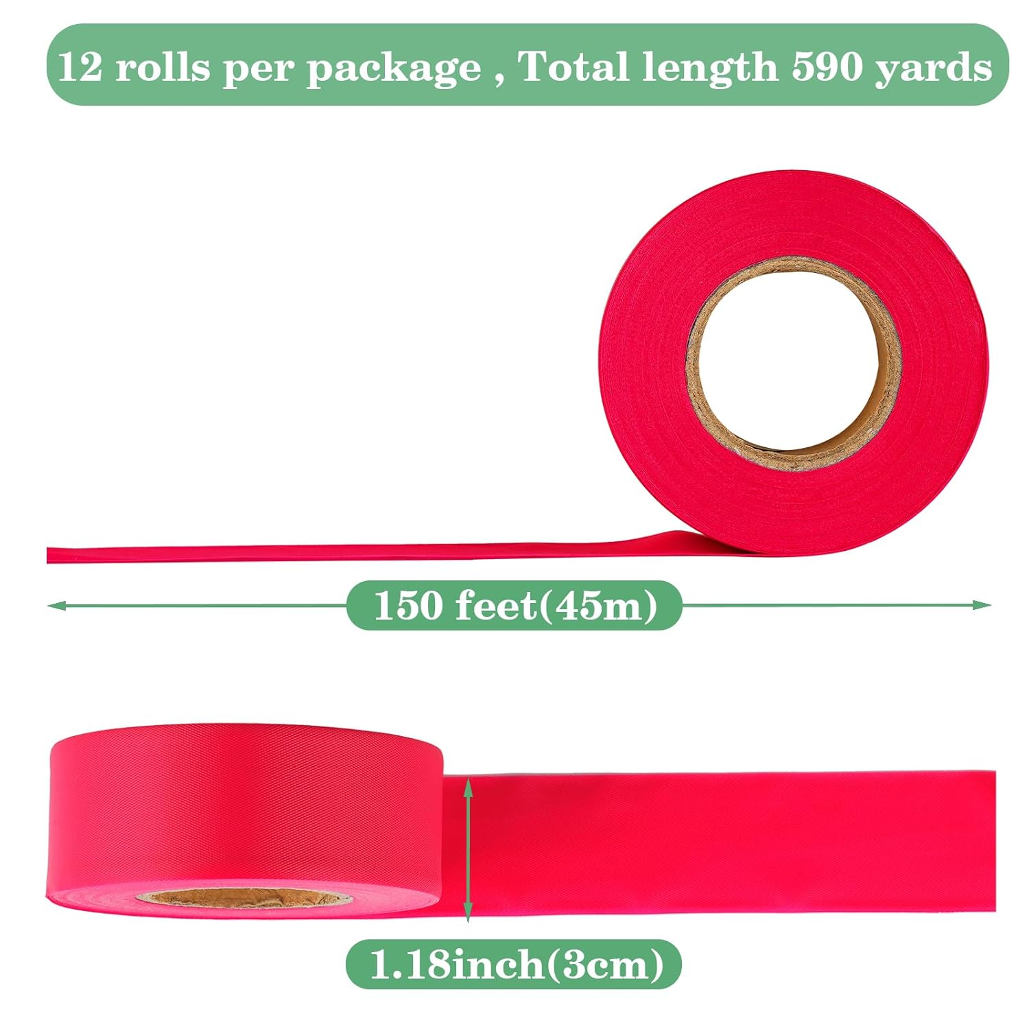 Red Flagging Tape 12 Rolls - Non-Adhesive Neon Marking Surveyors Caution Tape, for Tree Marking, Hunting Trail Tape,1-3/16 in. x 150 ft,3.35 Mil