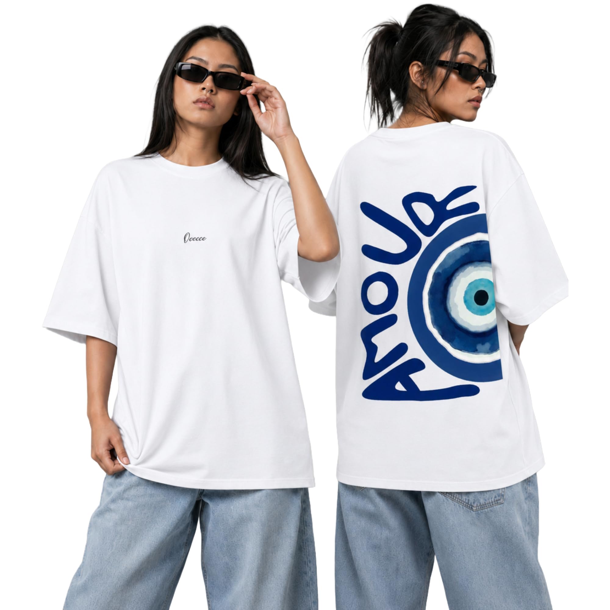 Oeeeee Amour Evil Eye Graphic Oversized White T-Shirt-picture-36
