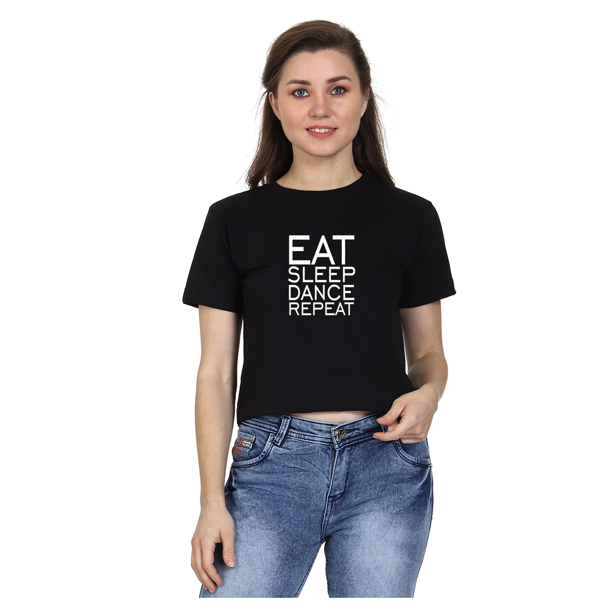 T-shirt TruckEat Sleep Dance Printed Crop Top Tshirts for Women and Girls | Top for Dancers | Dance Top | Cotton | Stylish | Quote Round Neck | Half Sleeve