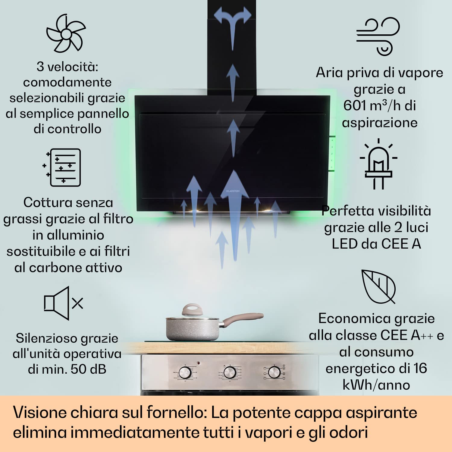 Klarstein Mirage 90 - Cappa aspirante a parete, senza testa, 90 cm, 550 m³/h, classe di efficienza energetica A++, pannello touch, Eco-Excellence, luce d'atmosfera RGB, vetro nero