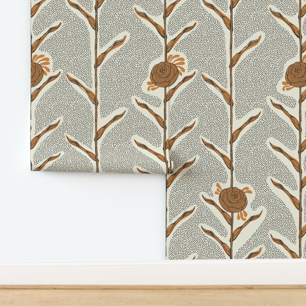 Spoonflower Peel & Stick Wallpaper 3ft x 2ft - Botanical Peony Cream Charcoal Golden Flower Nature Leaf Custom Removable Wallpaper