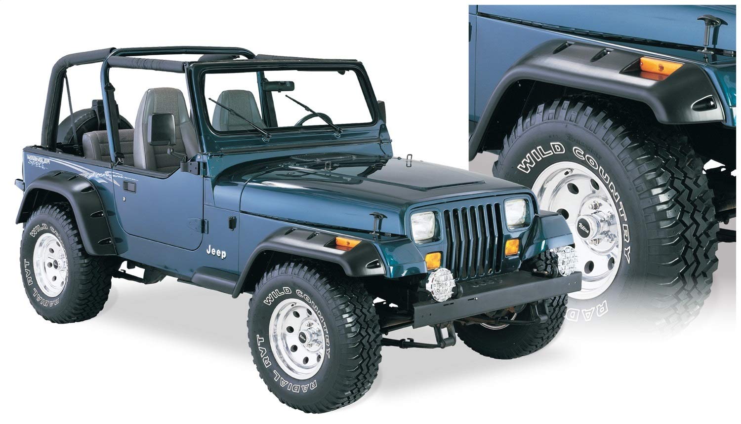 Bushwacker Jeep Cutout Pocket/Rivet Style Front & Rear Fender Flares | 4-Piece Set, Black, Textured Finish | 10909-07 | Fits 1987-1995 Jeep Wrangler YJ (Excludes Renegade)