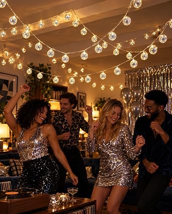 ABOOFAN Disco Ball String Lights 1.8m with 10 Mirror Balls, Warm White Glow [Energy Class A]