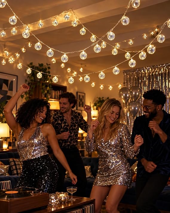 ABOOFAN Disco Ball String Lights 1.8m with 10 Mirror Balls, Warm White Glow [Energy Class A]