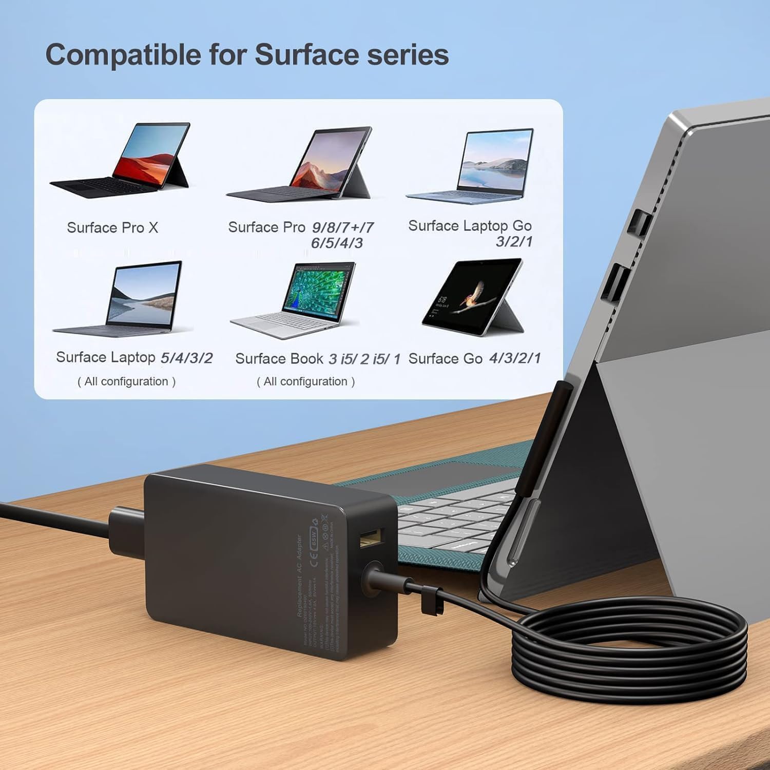 65 W Surface Pro Laptop-Ladegerät für Microsoft Surface Pro 11,10, 9, 8, 7+, 7, 6, 5 Surface Laptop 5 Studio 4 Go 3 2, Surface Book 3 2 1, Surface Go Tablet, unterstützt 36 W, 44 W