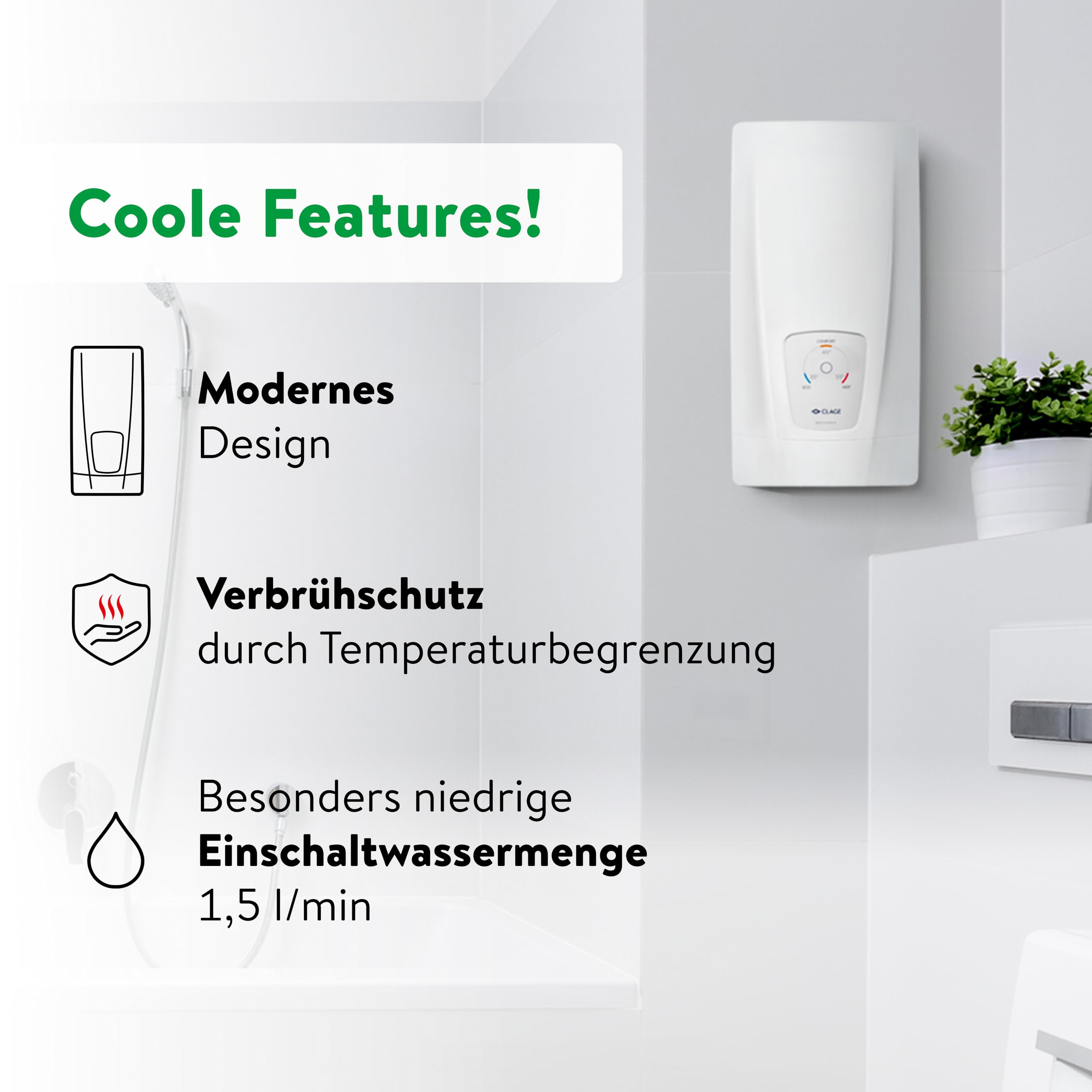 CLAGE DLX24 Next elektronisch geregelter Durchlauferhitzer, Bad/Gruppenversorgung, 24 kW 400V, Temperaturwahl 35, 45 oder 55°C, energiesparend, VDE-GS geprüft, 3200-36224 [Energieklasse A]